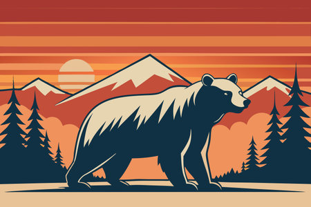 Vector illustration of a bear in the background of the forest and mountainsのイラスト素材