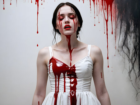 Bloody girl in a white dress with blood on her face. halloween themeの素材