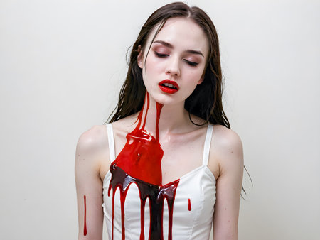 Beautiful girl with blood on her face and red lips in a white dressの素材