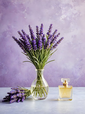Bouquet of lavender flowers in a vase and perfume bottle on a light backgroundの素材