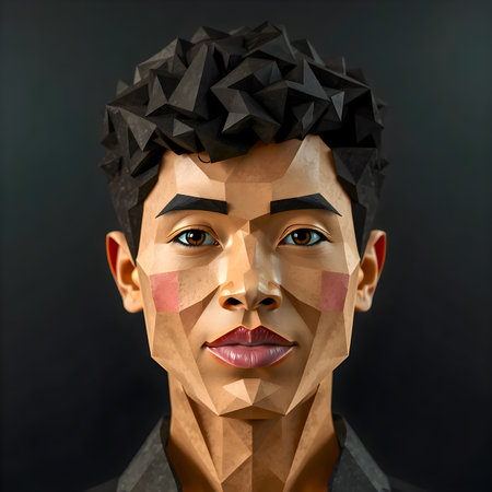 3d rendering of a man with a polygonal face and black backgroundの素材