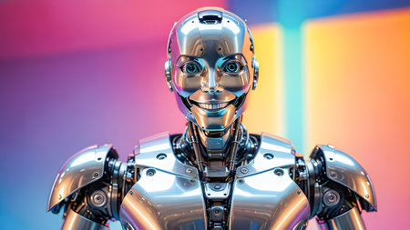 Robot cyborg smile in front of colorful background. 3d renderingの素材