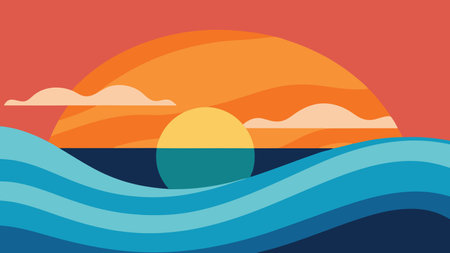 Sunset over the sea. Vector illustration in a flat style.のイラスト素材