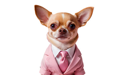 Cute small chihuahua puppy pet dog in pink attire like a dress or shirt with a tie is isolated on whiteの素材