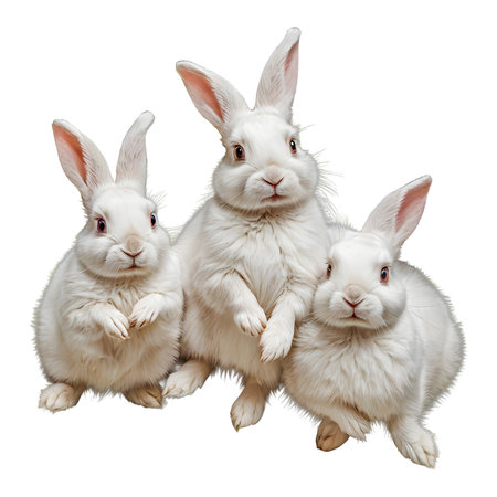 Three white rabbits isolated on white background. 3D illustration, clipping path.の素材