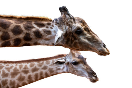 A tall giraffe, a wild mammal with a long neck and brown spots, isolated on whiteの写真素材