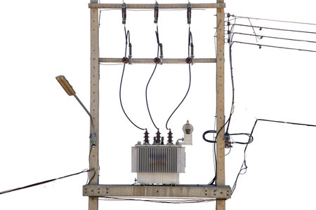 High voltage power transformer on the white background. Electricity distribution station. isolated...