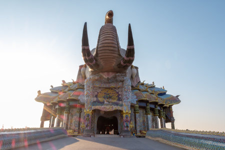 The front entrance of the large elephant-shaped building at Wat Ban Rai, Nakhon Ratchasima Province, Thailand.の写真素材