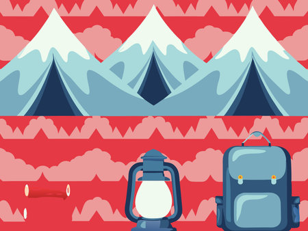 Camping background with mountains and camping equipment. Vector illustration in flat styleのイラスト素材