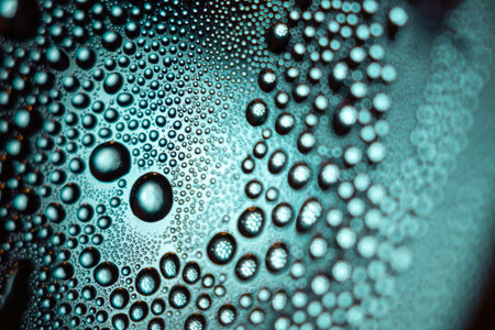 Blue abstract texture of transparent water drops on a glass surface, reflecting light like clear dew...