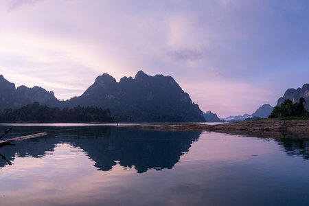 Landscape view of mountains and lake in the morning at  Khao Sok National Park, Surat Thani...