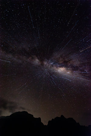 Milky Way and Meteor Shower in the Night Sky, Long Exposure Photography