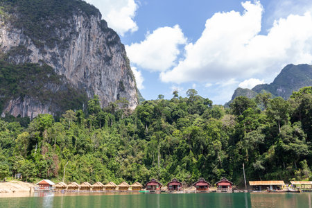 Riverside house for tourists, Khao Sok National Park, Surat Thani, Thailandの写真素材