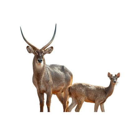 Waterbuck and baby deer isolated on white background with clipping path.の写真素材