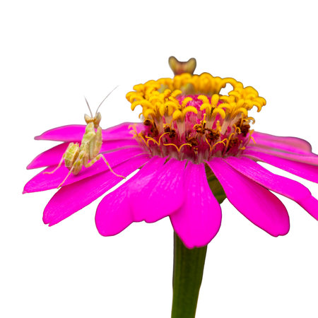 Grasshopper on pink zinnia flower isolated on white backgroundの写真素材