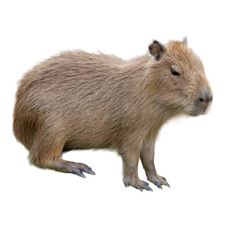 Close up of a cute furry brown Capybara baby on white backgroundの写真素材
