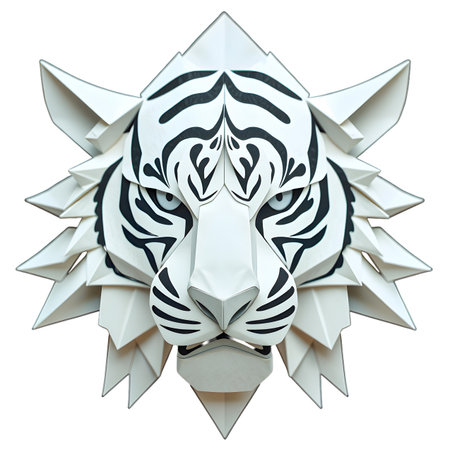 Black vector tribal tattoo design featuring a lion and wolf head illustration with a skull symbol and crown ornamentの素材