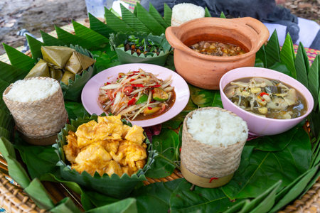 Close-up of a delicious Thai Isaan food menu with sticky rice, papaya salad, mushroom curry, healthy ingredients.の写真素材