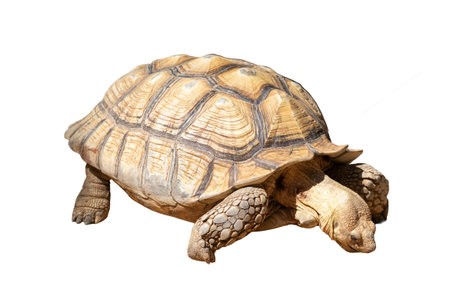 A baby tortoise with a patterned shell is isolated on a white backgroundの写真素材