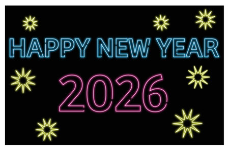 Colorful neon light bulb vector illustration sign with Happy New Year 2026 lettering, Christmas...