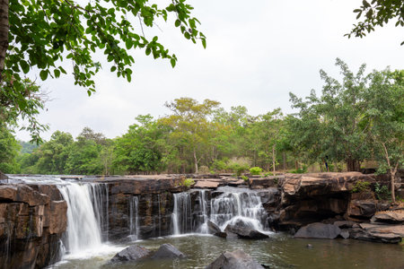 The beautiful natural scenery of freshwater streams flowing over rocks in a lush green forest park gives rise to Tat Ton Waterfall and other scenic streams in Chaiyaphum Province.の写真素材
