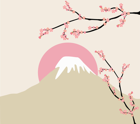 pink floral branch and Mount Fujiのイラスト素材