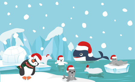North pole animal background with santa hatのイラスト素材