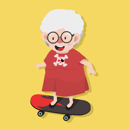 Happy old woman with skateboardのイラスト素材
