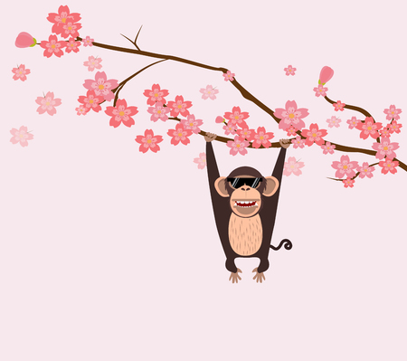 Monkey climbing cherry tree branch backgroundのイラスト素材