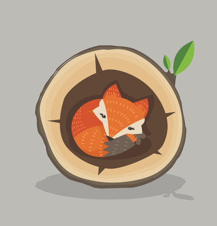 Cute Red Fox Sleeping inside a hollow treeのイラスト素材