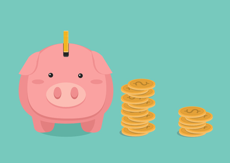 Flat illustration Piggy bank and Golden coin stacksのイラスト素材