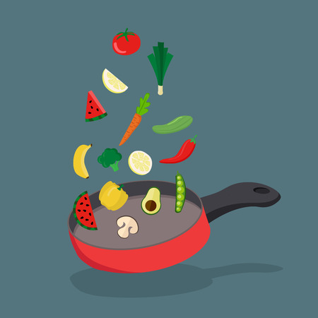 Red pan cooking Flat Style Vectorのイラスト素材