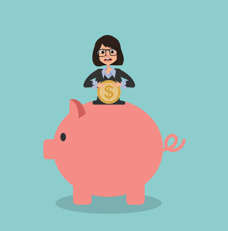 businesswoman putting money in a piggy bankのイラスト素材