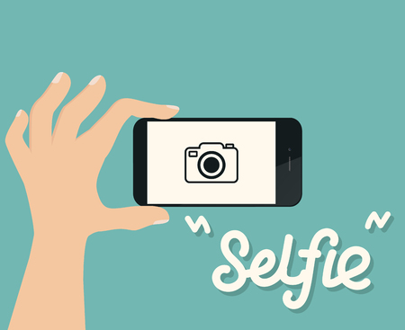 hand hold smartphone selfie flat Vector illustration.のイラスト素材