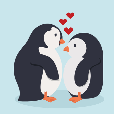 Penguin bird cartoon in love illustration on blue background.のイラスト素材