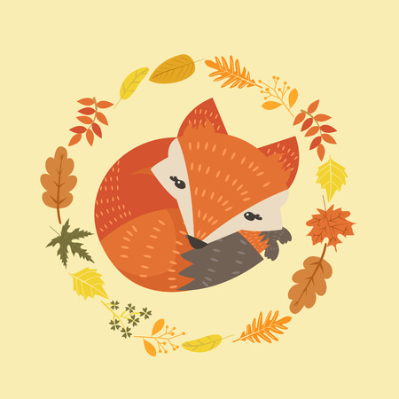 Cute fox with leaves decoration circle designのイラスト素材