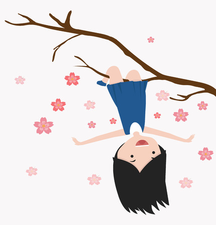 little girl hanging on a cherry tree branchのイラスト素材
