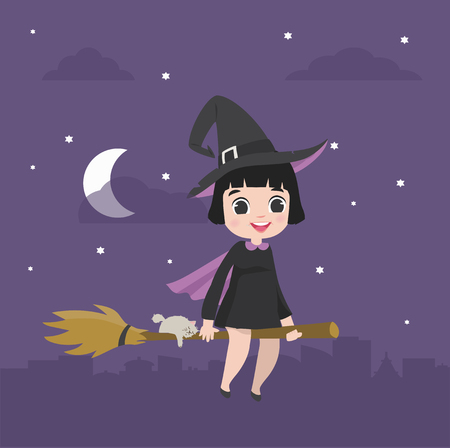 Cute kid Halloween character in witch costume  on a broomstick in the night skyのイラスト素材