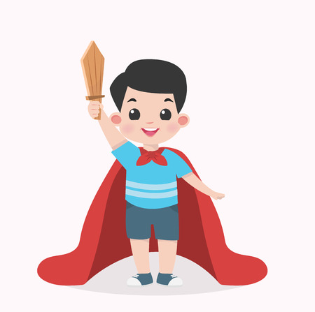 Kid Boy with a wooden sword and a capeのイラスト素材
