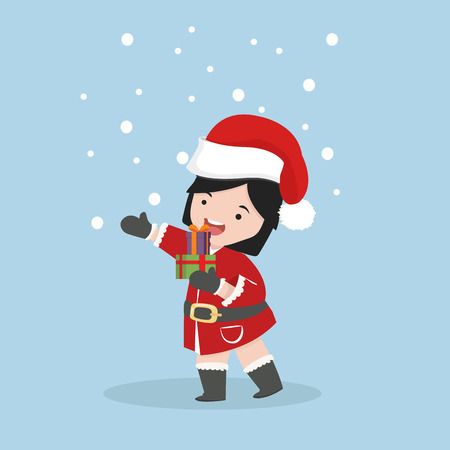 Small Girl in Santa Claus costume with gift boxのイラスト素材