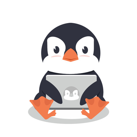 Penguin sitting with a laptopのイラスト素材
