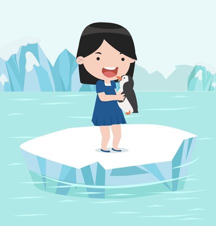 girl holding Penguin in north pole arcticのイラスト素材
