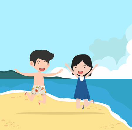 boy and girl Couple  with Summer  Beach  のイラスト素材