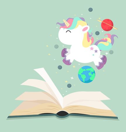 open green book with unicorn in spaceのイラスト素材