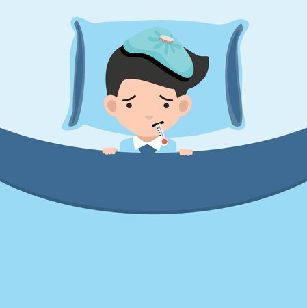 Sick businessman with thermometersick in bedのイラスト素材