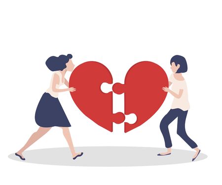 women teamwork concept with  jigsaw puzzle in shape of a heartのイラスト素材