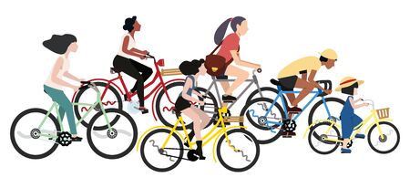 set of people  riding bicycles isolated on a white background
