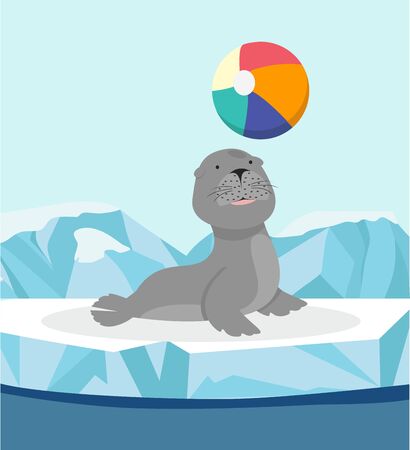 Seal cute sea animal on ice floe with ballのイラスト素材