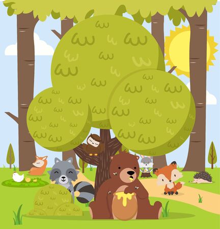 Cute woodland forest animals cartoon character backgroundのイラスト素材