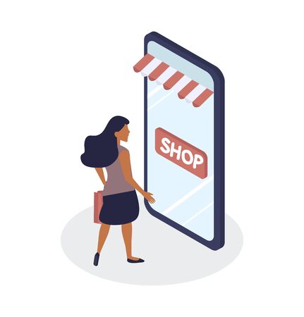 woman black shop online Isometric conceptのイラスト素材